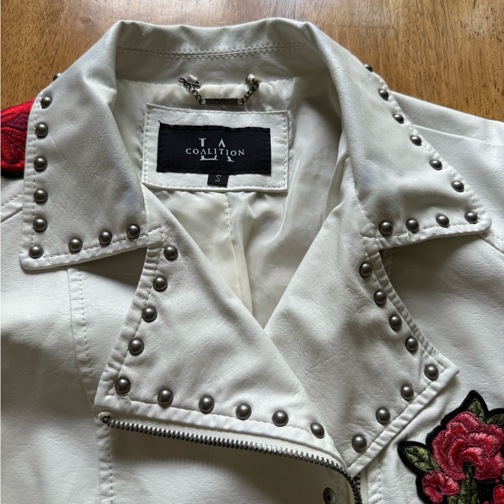 Embroidered studded faux leather moto jacket - Picture 9 of 12